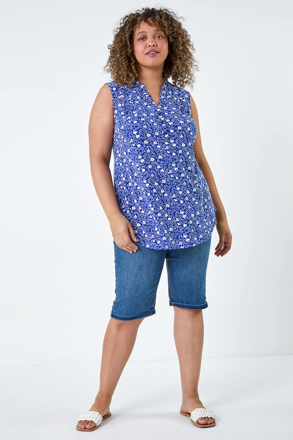 Royal Blue Curve Textured Ditsy Floral Stretch Top, Image 2 of 5