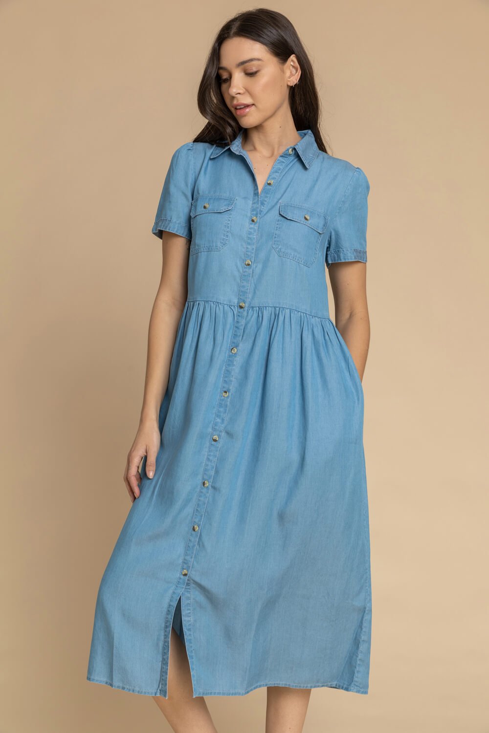 Light Blue  Denim Buttoned Midi Shirt Dress, Image 3 of 5
