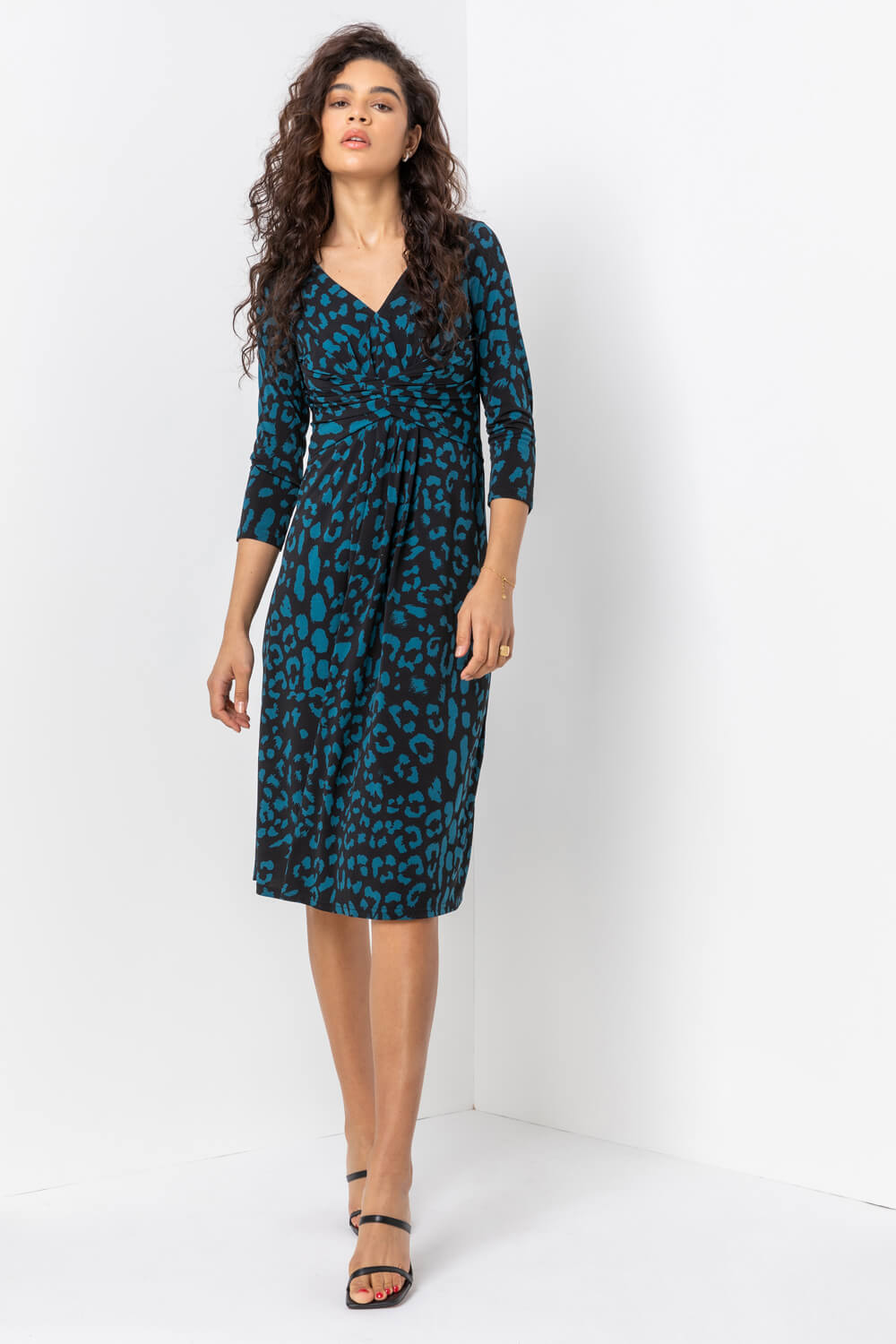 Teal Animal Print Fit And Flare Dress, Image 3 of 4