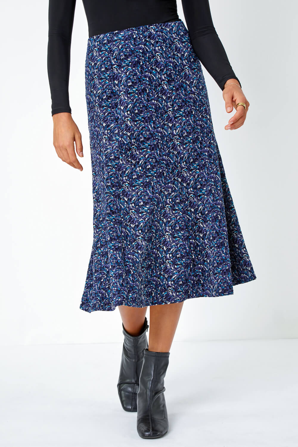 Midnight Blue Textured Abstract Print A-Line Stretch Skirt, Image 4 of 5