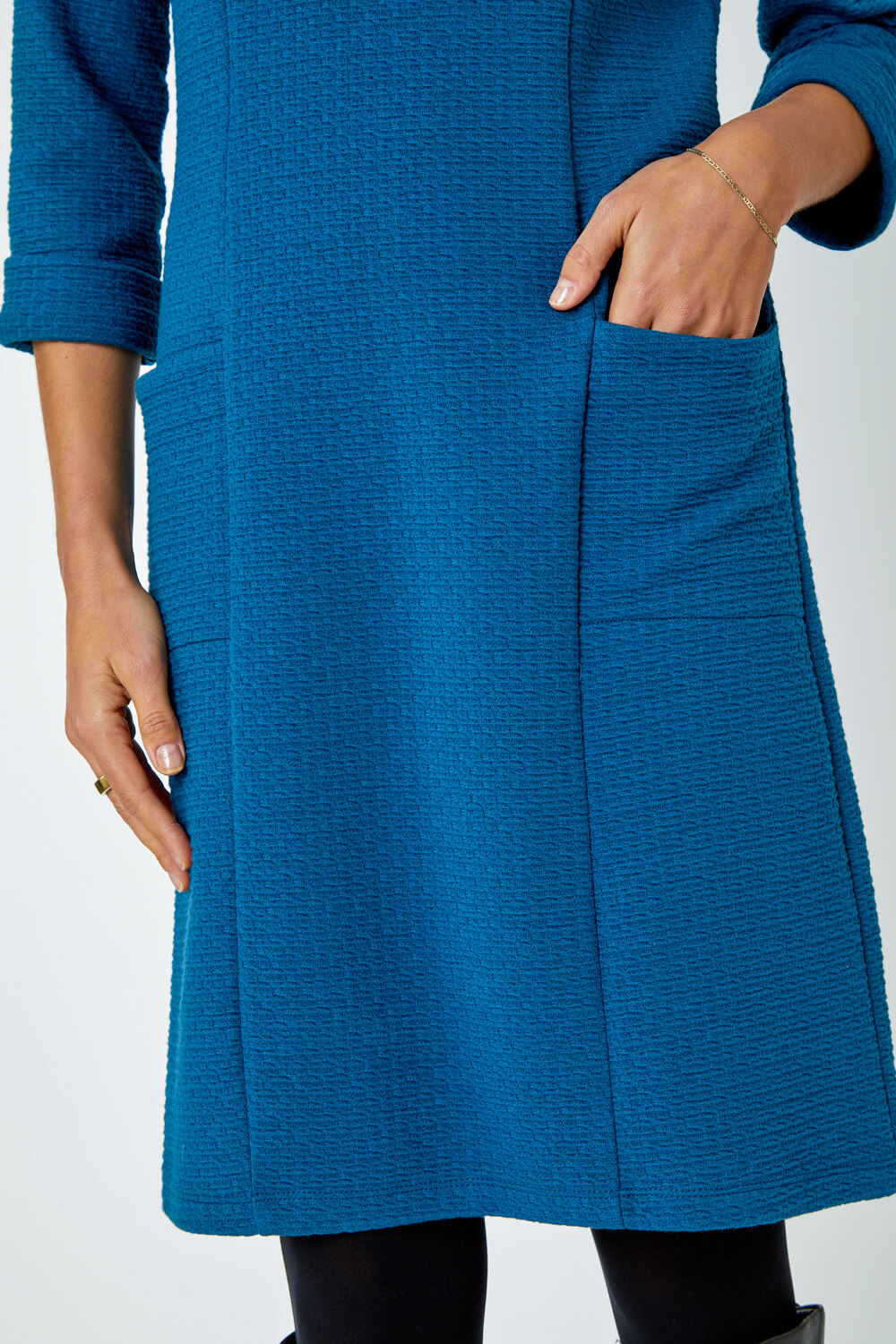 Teal Textured Pocket Cotton Blend Shift Dress, Image 5 of 5