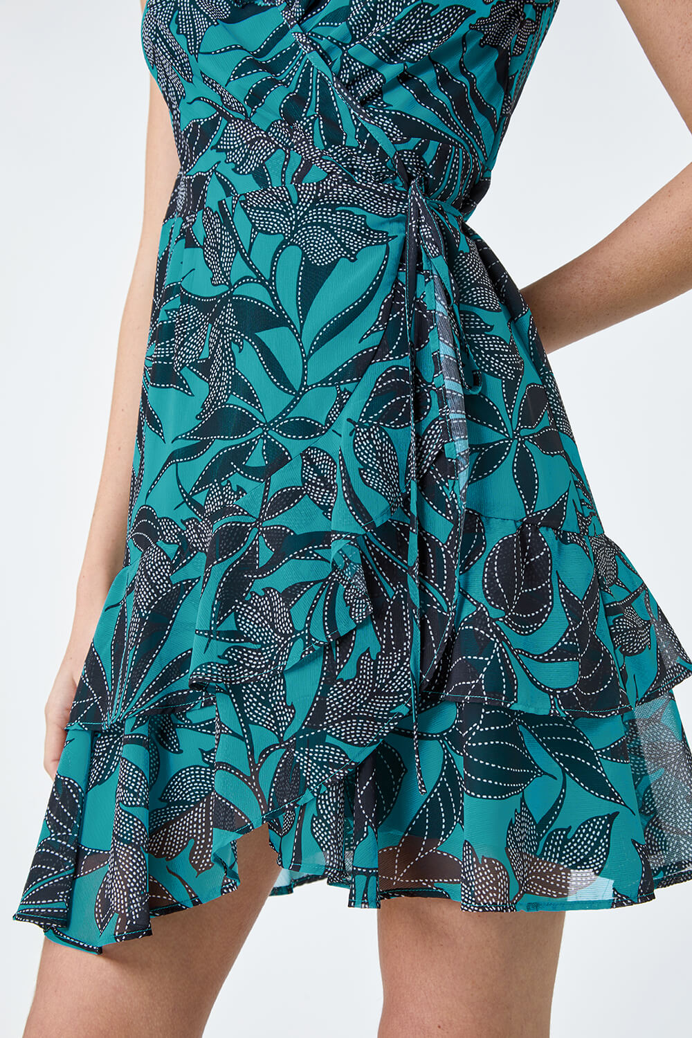 Turquoise Leaf Print Frill Wrap Dress, Image 5 of 5