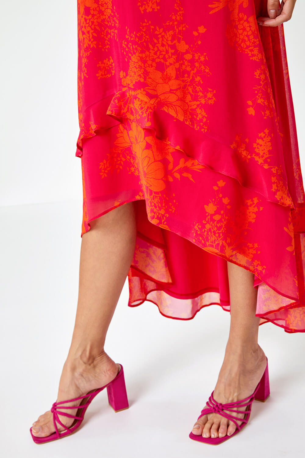 Fuchsia Floral Frill Detail Chiffon Midi Dress, Image 5 of 5