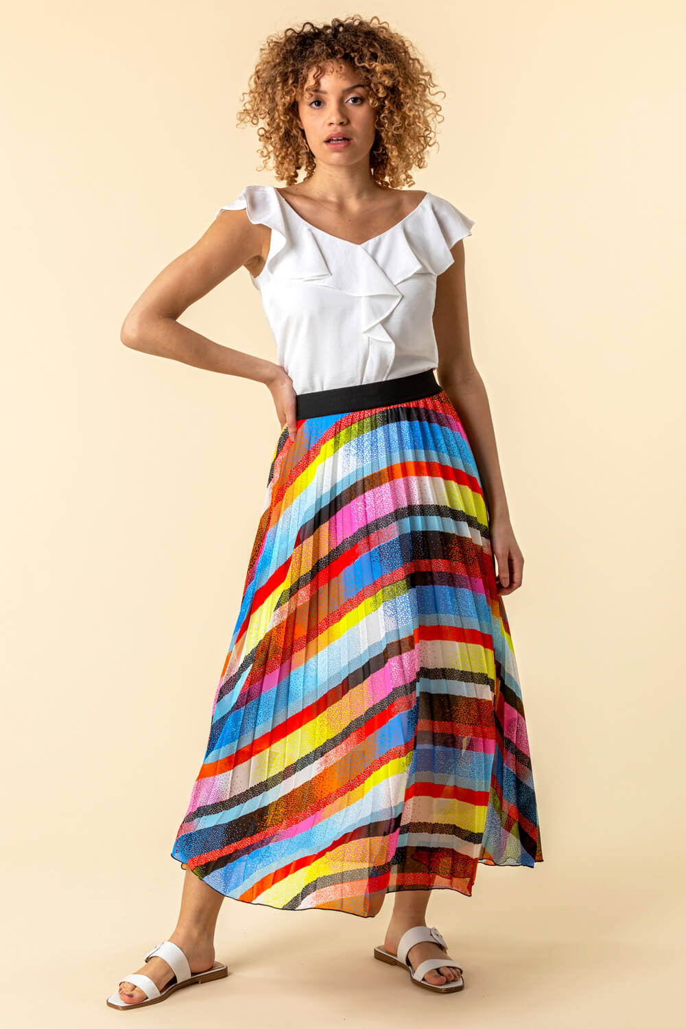 Multi  Rainbow Striped Pleated Maxi Skirt, Image 2 of 3