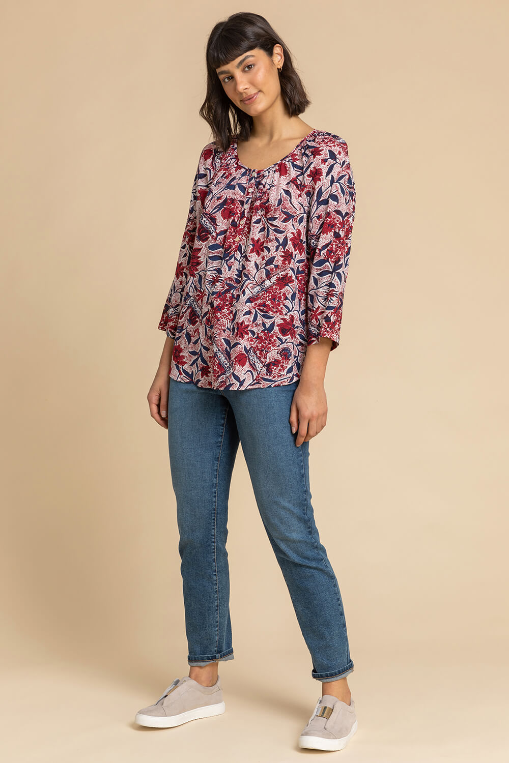 Red Floral Leaf Print Button Top, Image 3 of 4