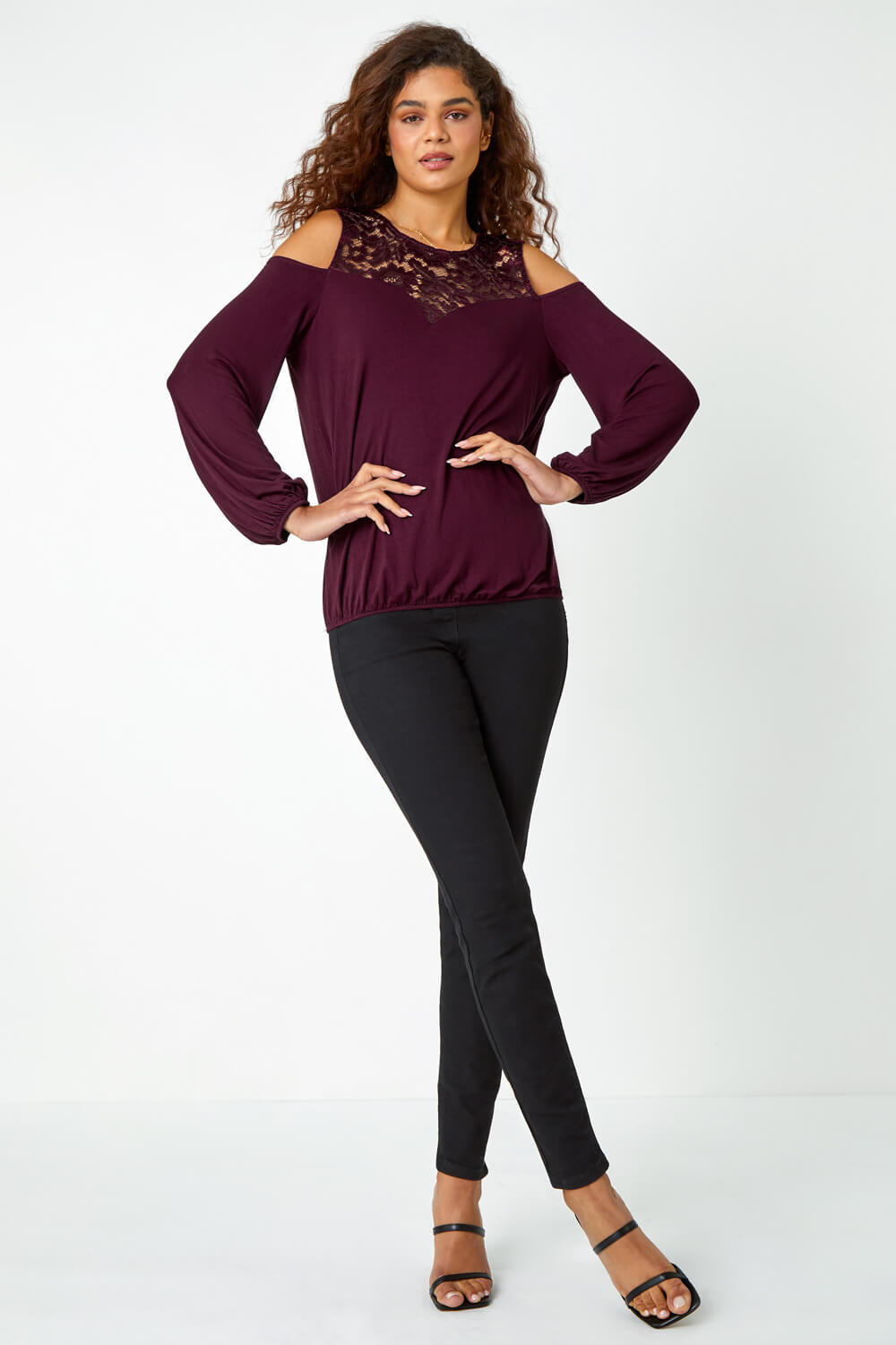 Wine Lace Detail Cold Shoulder Stretch Top , Image 2 of 5
