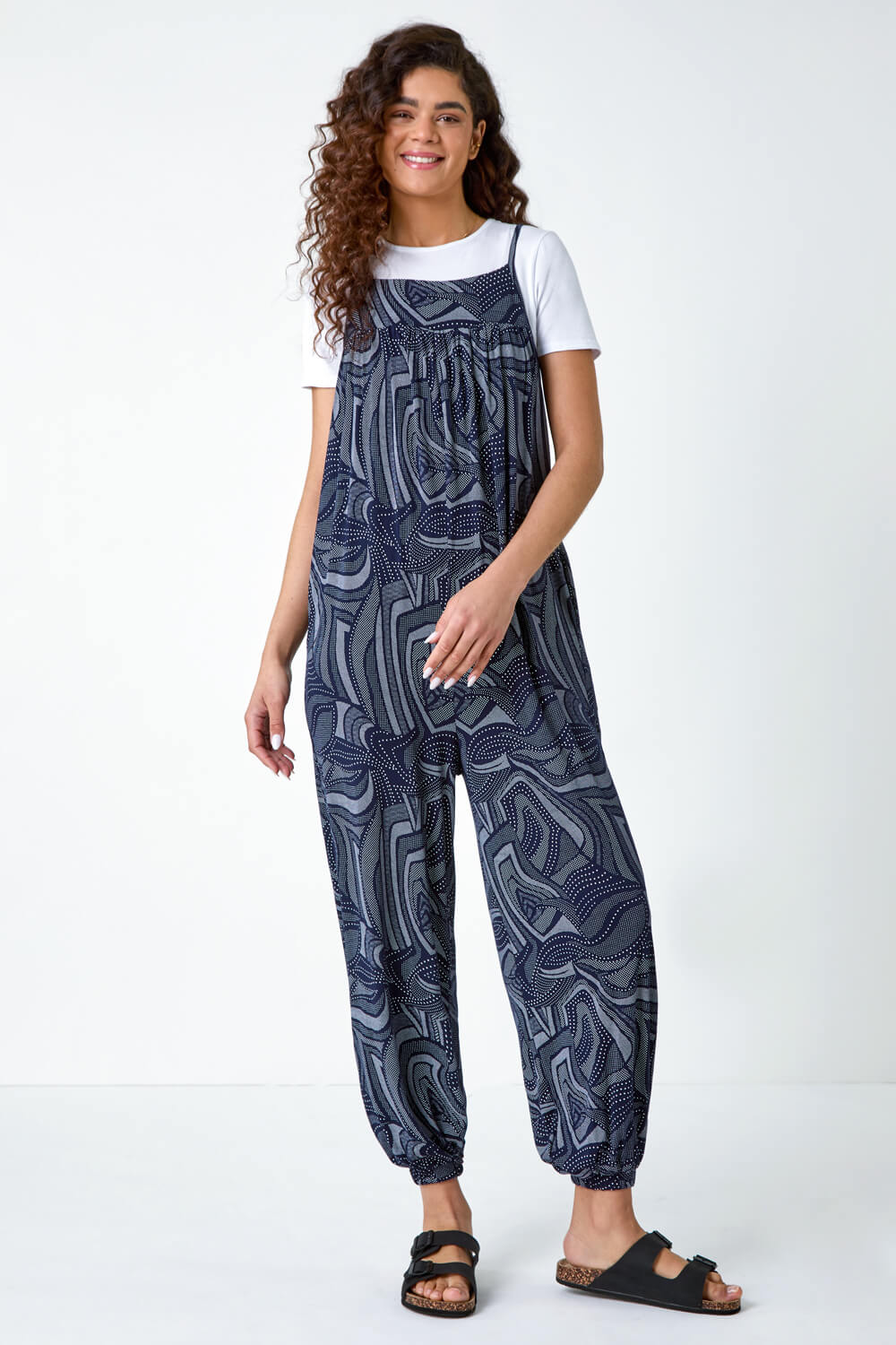 Navy  Abstract Print Pocket Stretch Jumpsuit, Image 2 of 5