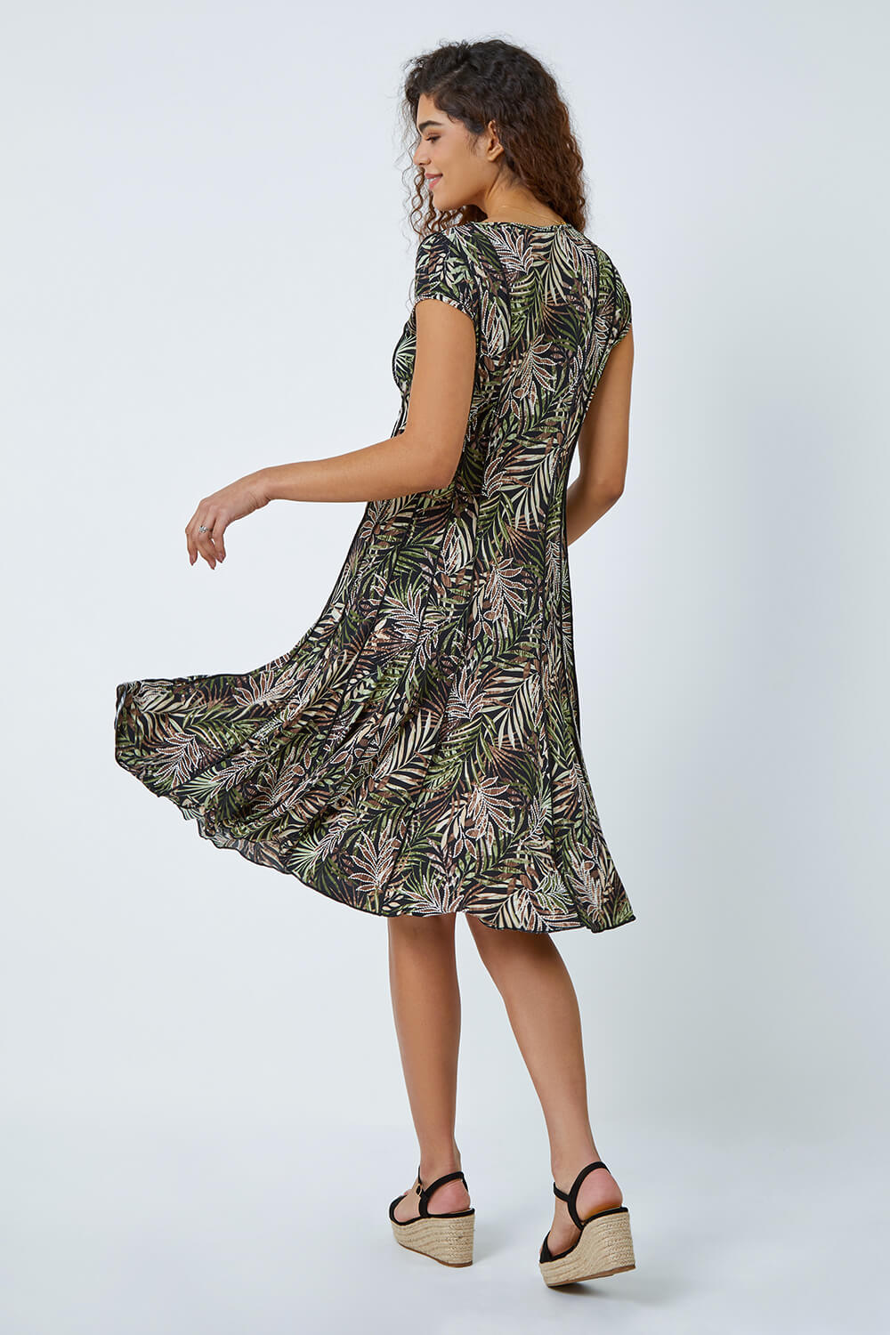 KHAKI Leaf Print Panel Stretch Dress, Image 3 of 5
