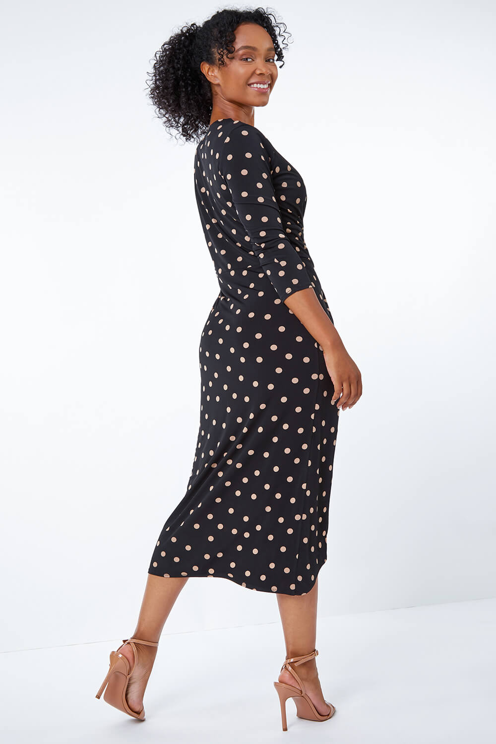 Black Petite Side Wrap Spot Midi Dress, Image 4 of 5