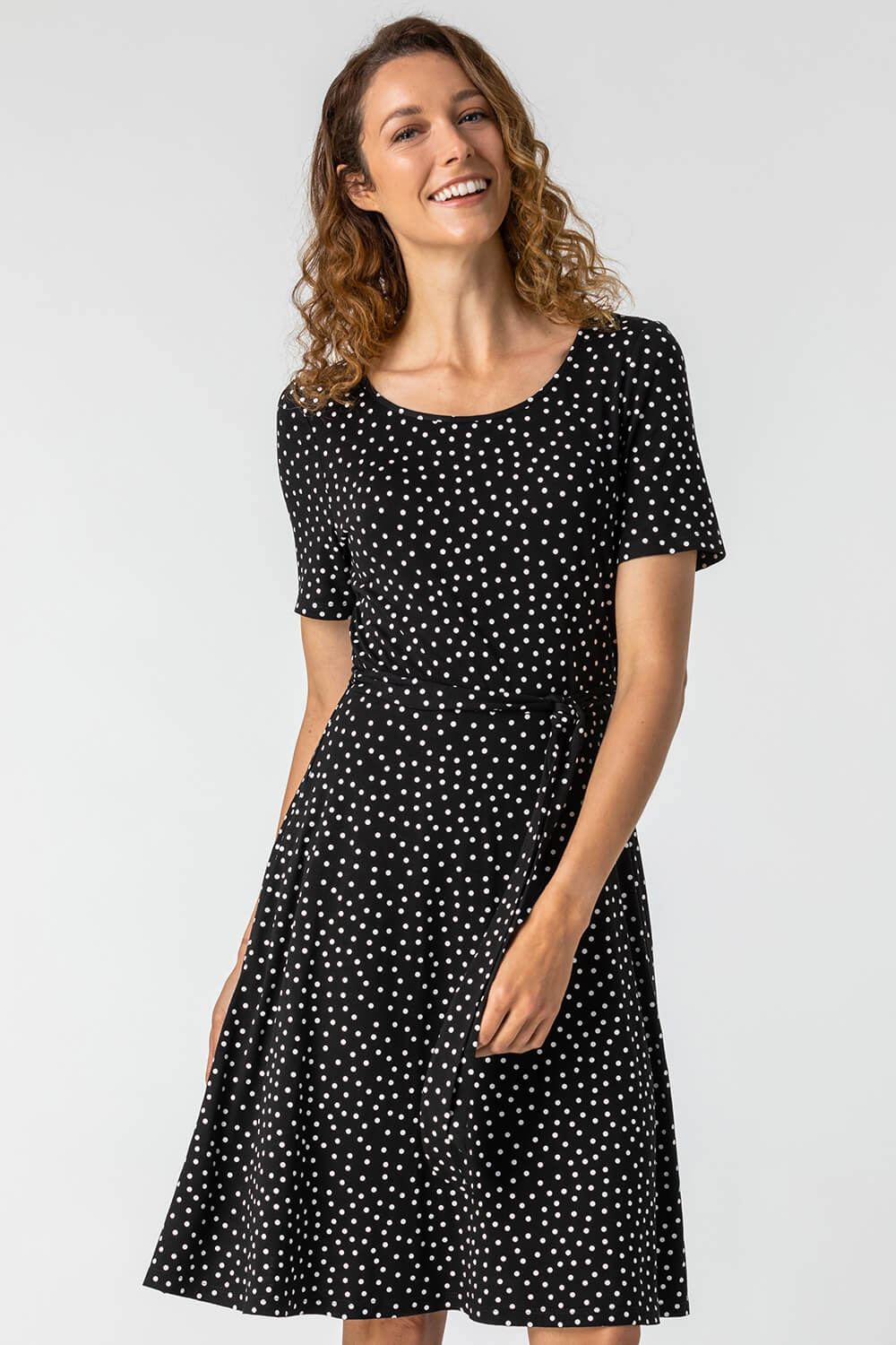 Black Spot Print Belted Skater Dress , Image 4 of 5