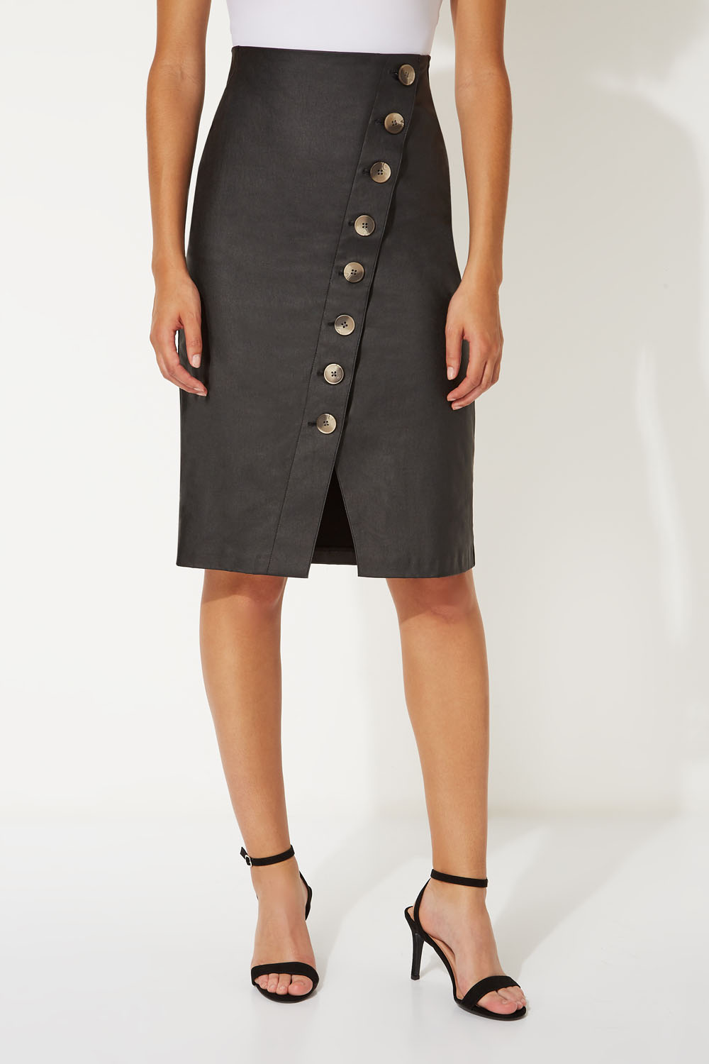 Black Faux Leather Button Midi Skirt, Image 2 of 7