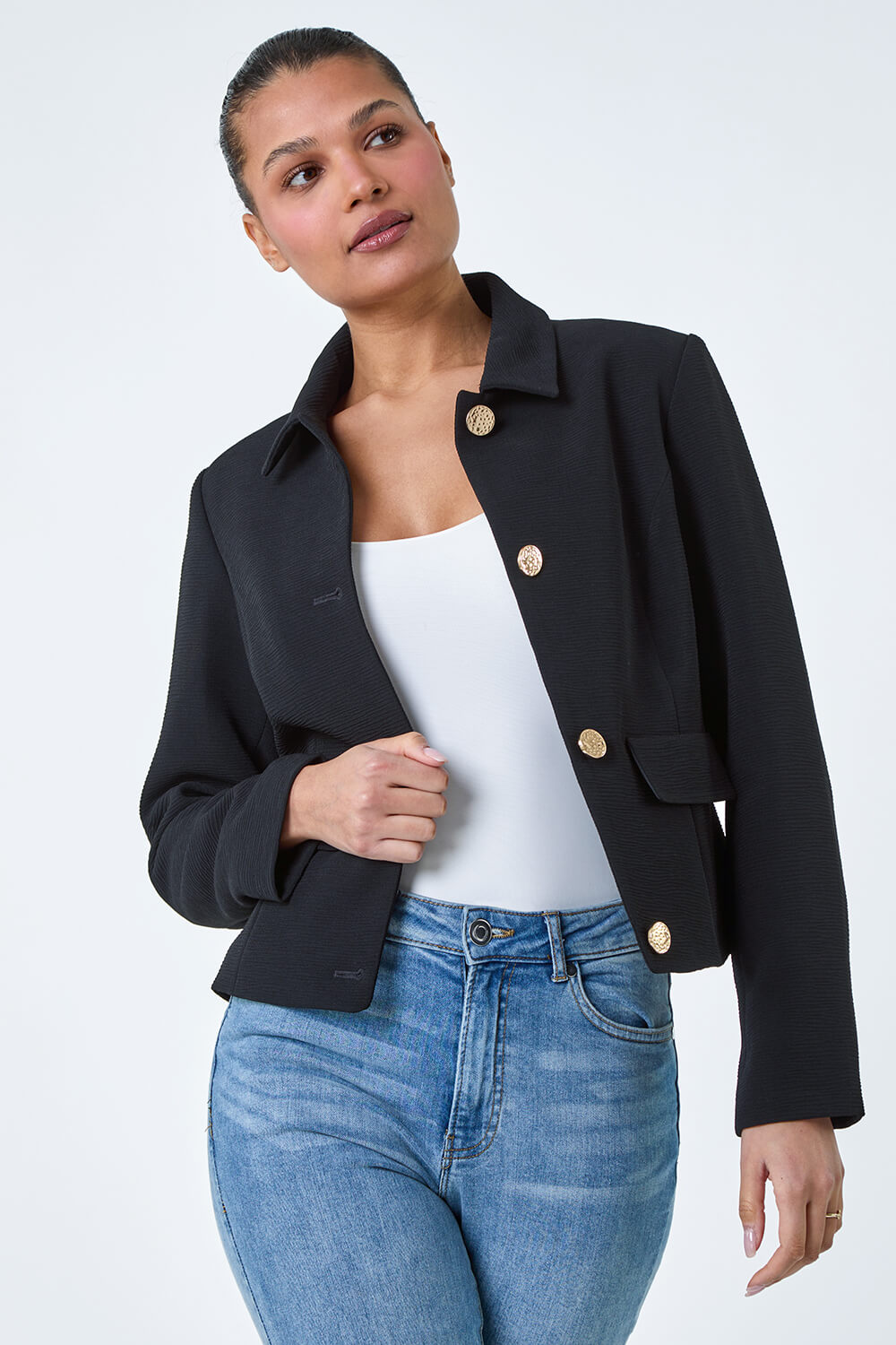 Black Textured Button Detail Jacket, Image 2 of 5