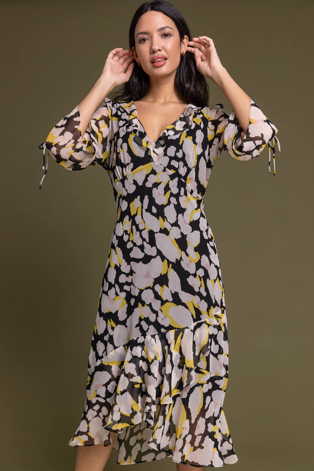 Yellow Floral Frill Detail Midi Dress, Image 3 of 5