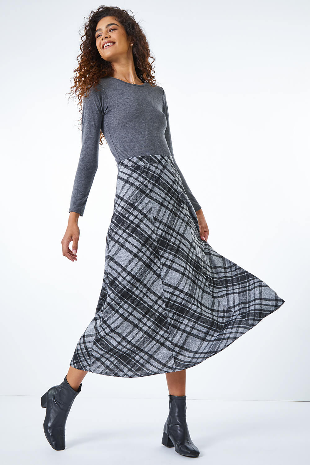 Grey Check Print Stretch Skirt, Image 3 of 5
