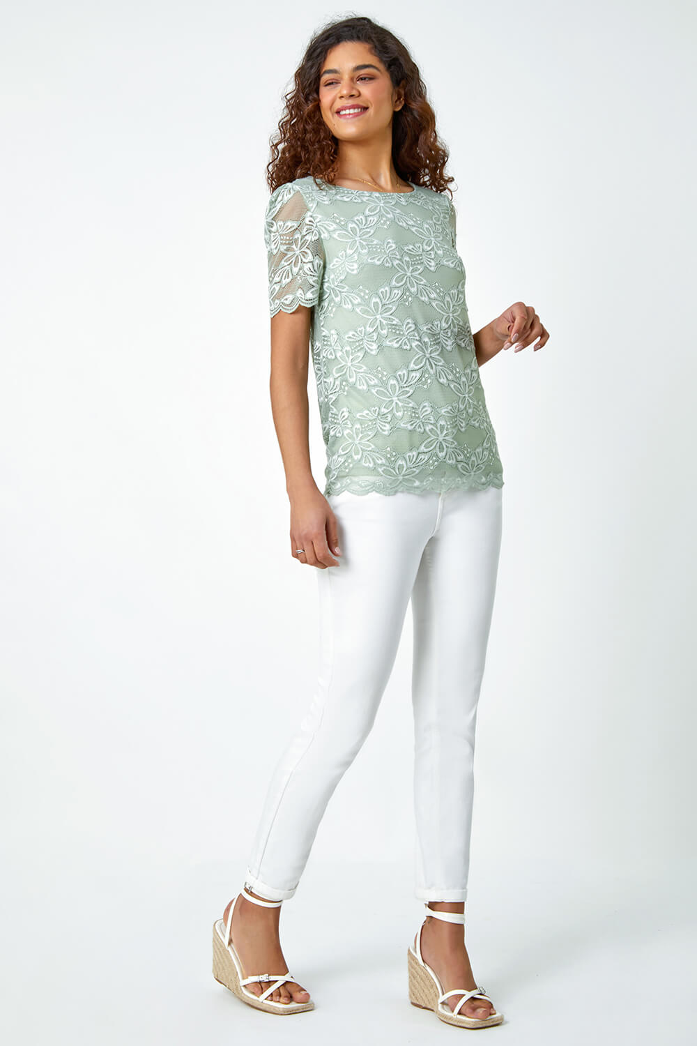 Sage Floral Stretch Lace Top, Image 2 of 5