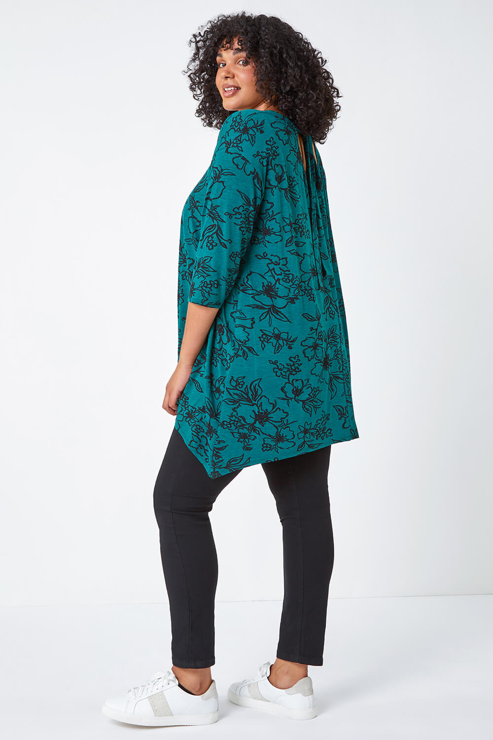 Green Curve Tie Back Floral Tunic Stretch Top, Image 3 of 5
