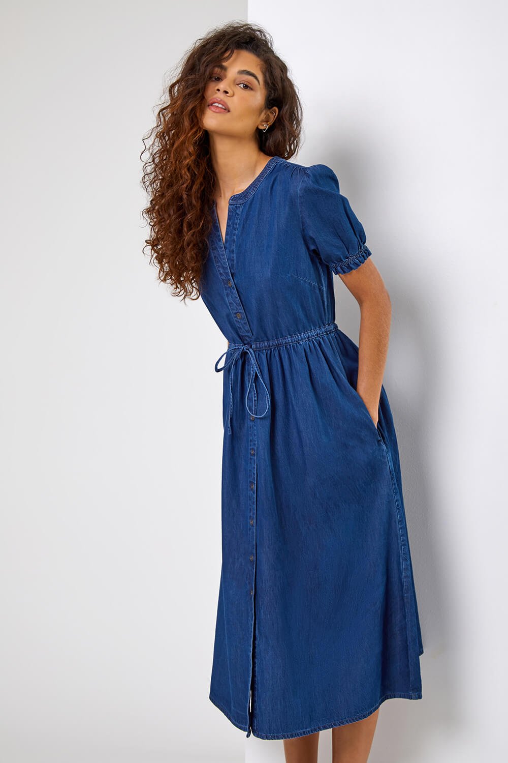 ASOS DESIGN short sleeve denim shirt dress in mid blue