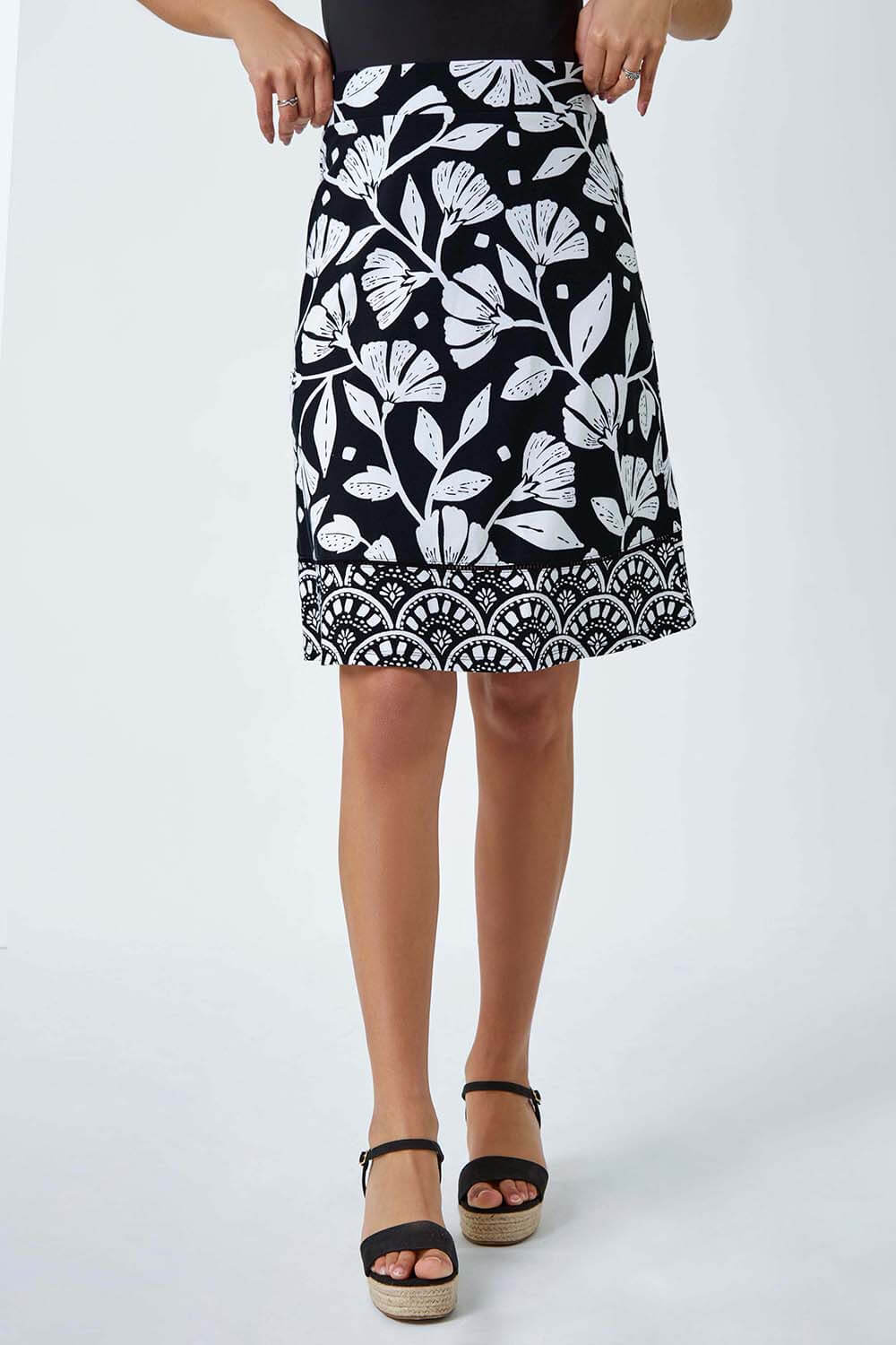 Black Cotton Blend Floral Stretch Skirt, Image 4 of 5