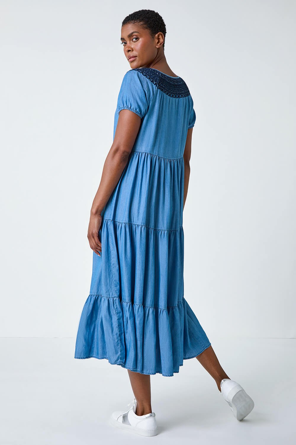 Denim Denim Lace Detail Midi Smock Dress, Image 3 of 5