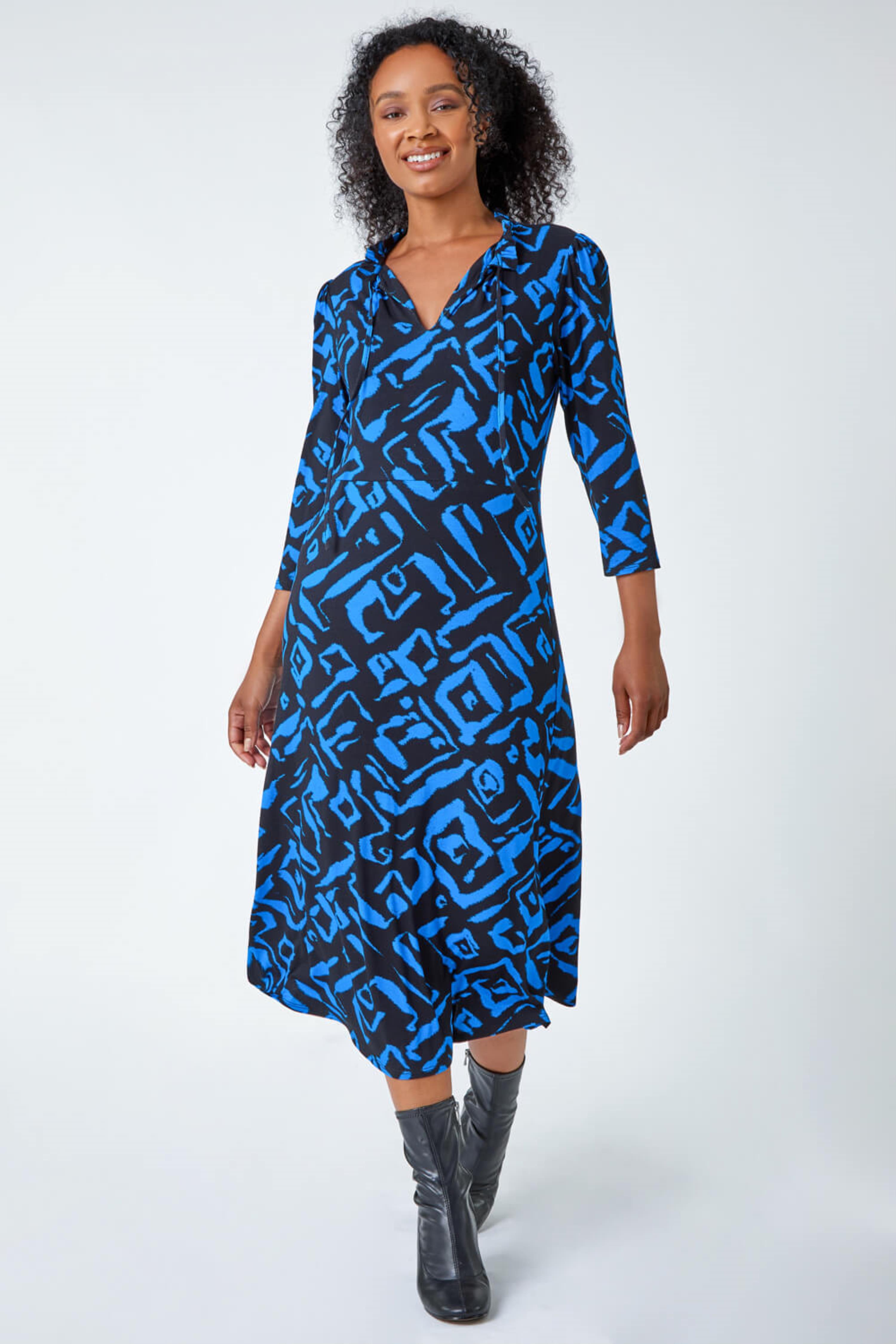 Blue Petite Abstract Print Midi Stretch Dress, Image 2 of 5