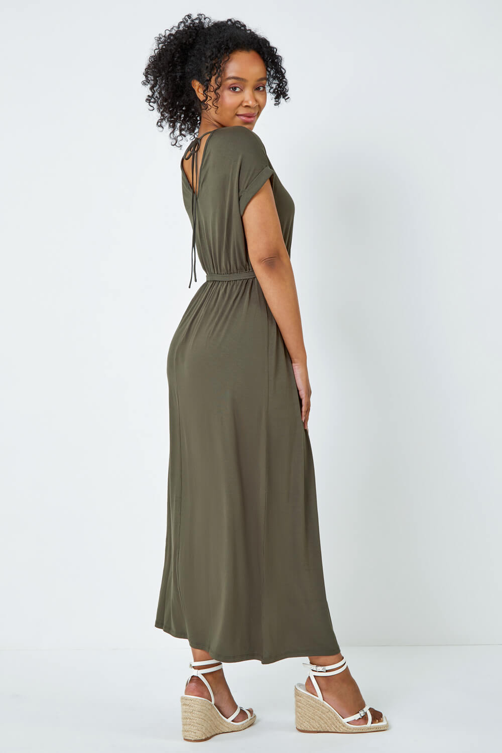 Khaki Petite Plain Maxi Stretch Dress | Roman UK