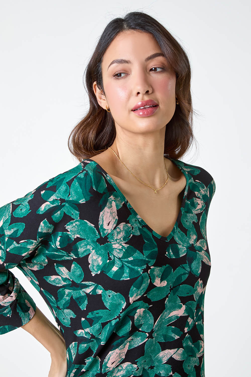 Green Floral Print Blouson Stretch Top, Image 2 of 5