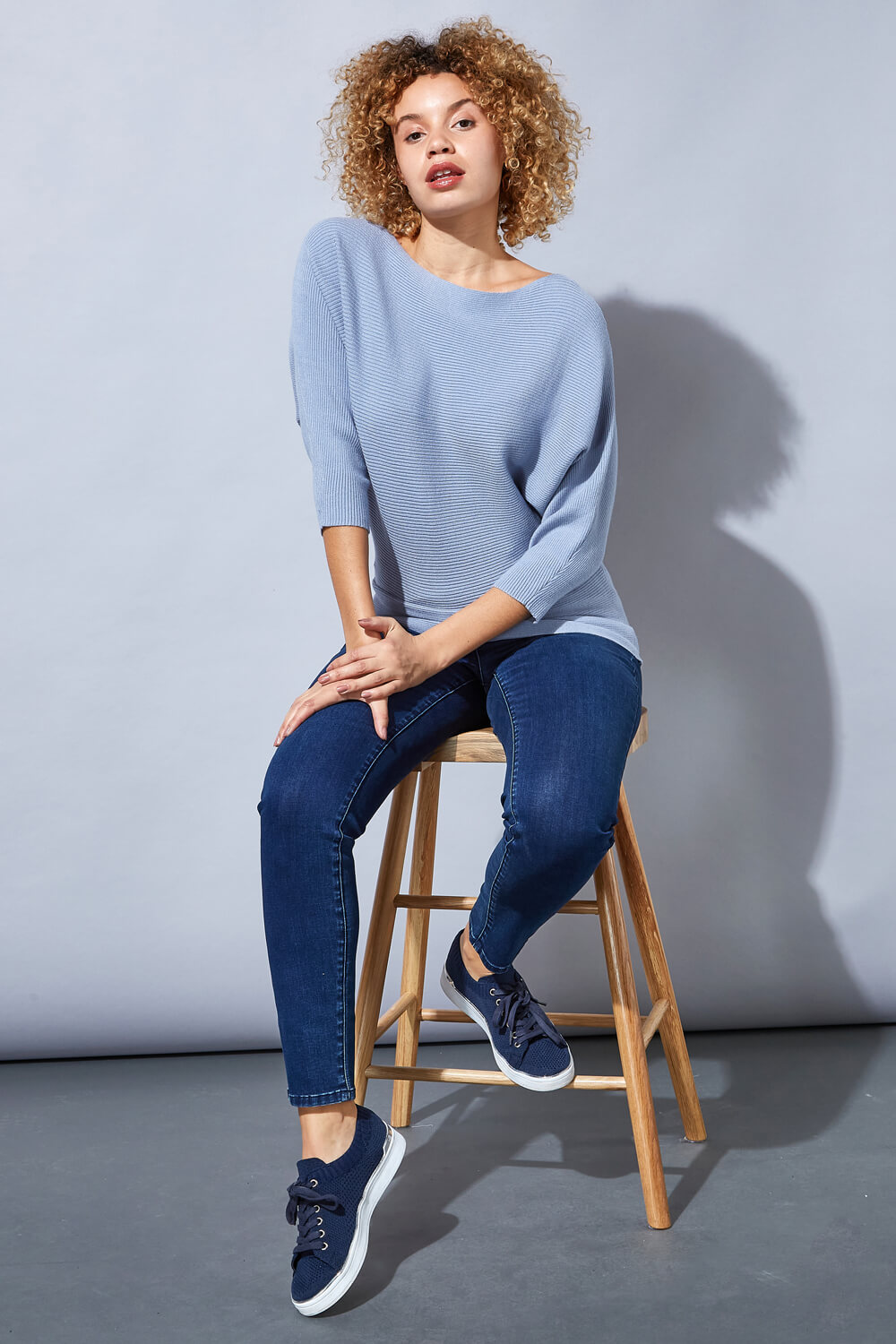 Blue Ribbed Batwing Jumper, Image 2 of 4
