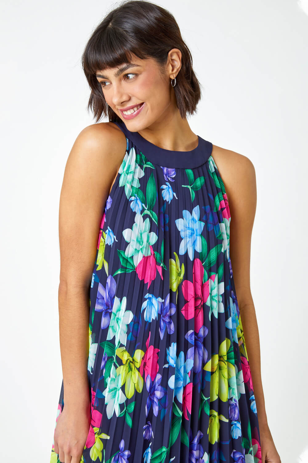 Navy  Halter Neck Floral Pleated Swing Dress , Image 4 of 5