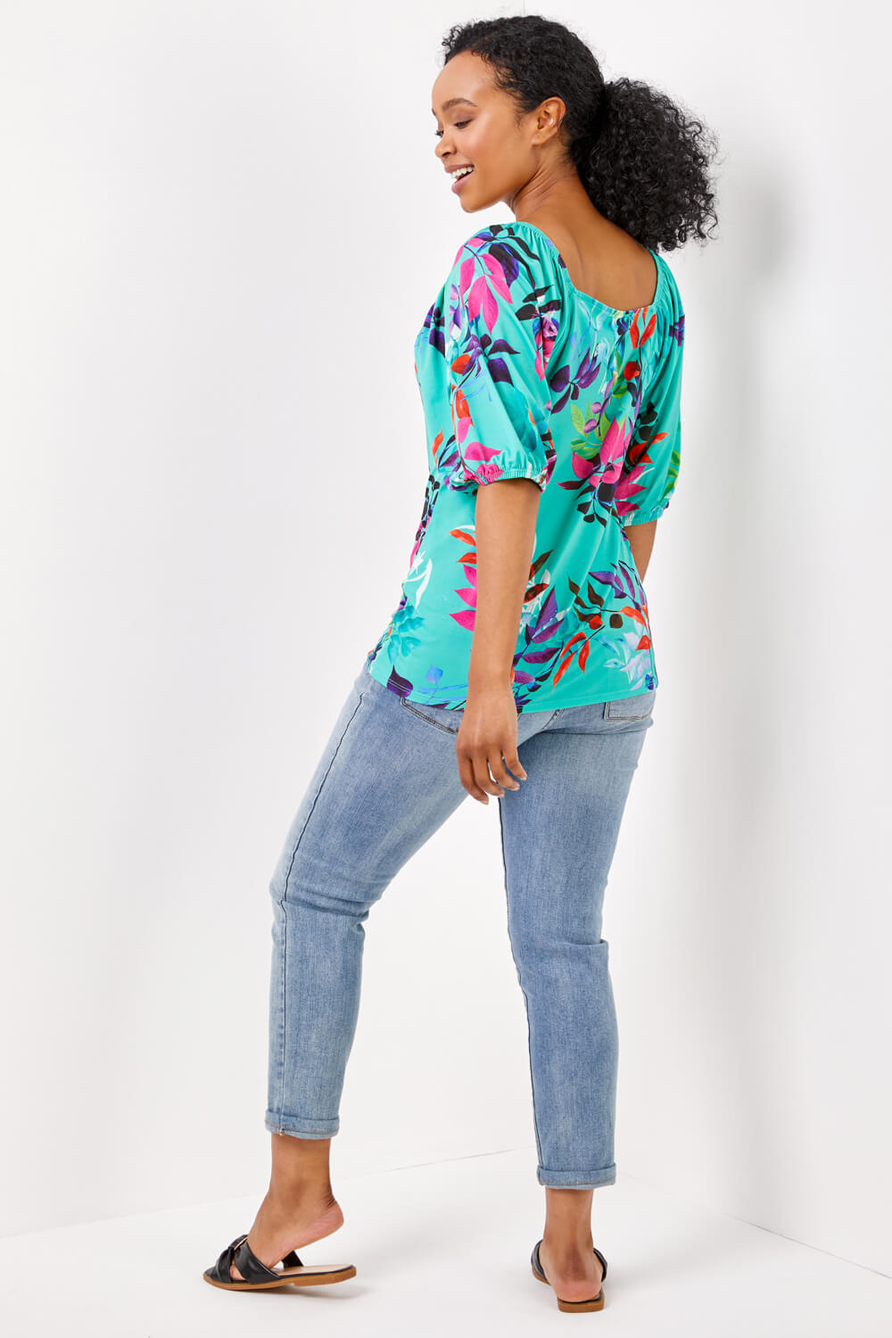 Green Petite Tropical Print Square Neck Top , Image 2 of 5