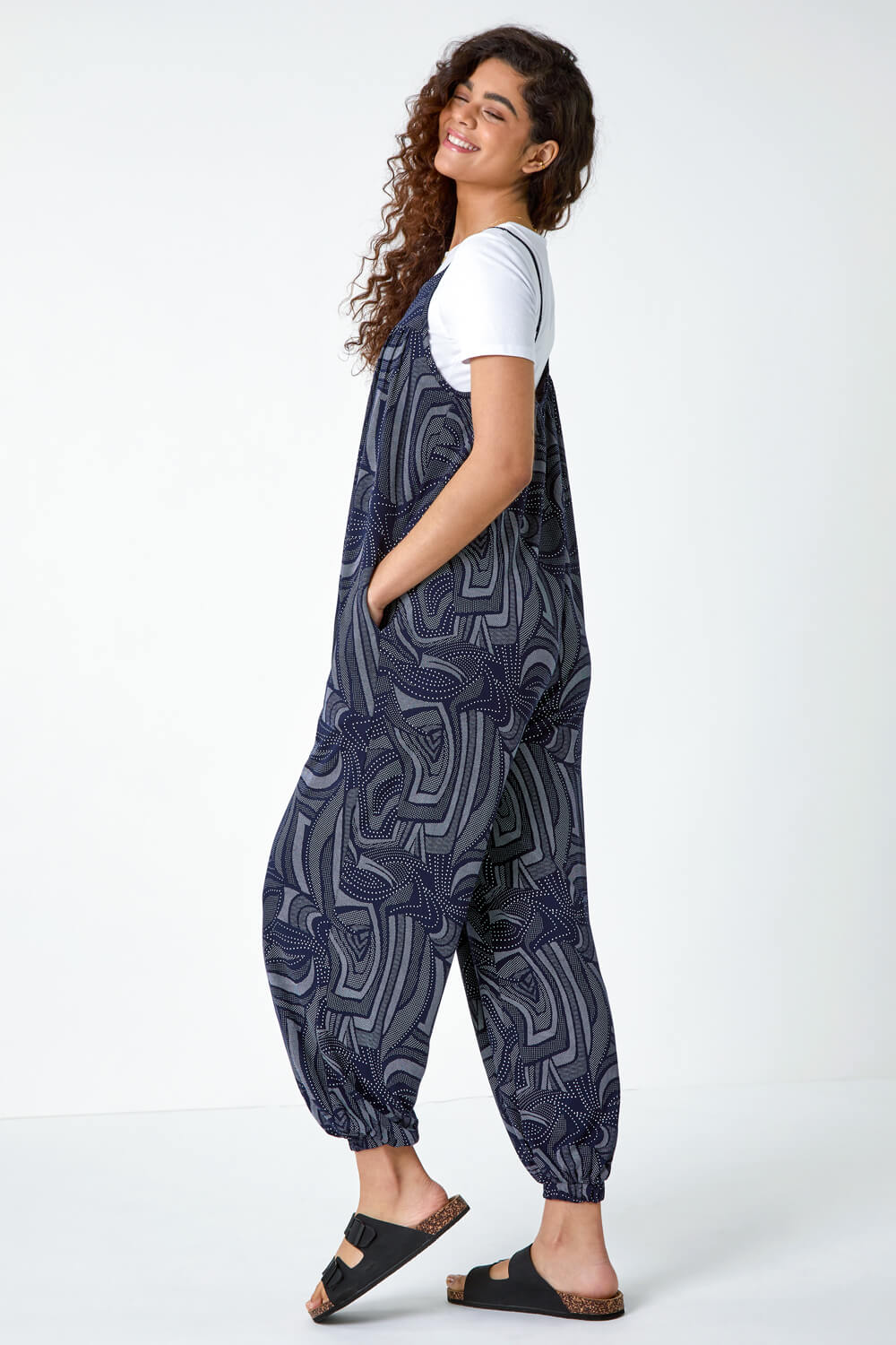 Navy  Abstract Print Pocket Stretch Jumpsuit, Image 3 of 5