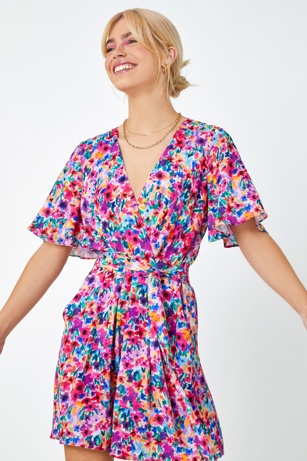 Fuchsia Floral Print Wrap Tie Playsuit, Image 2 of 5