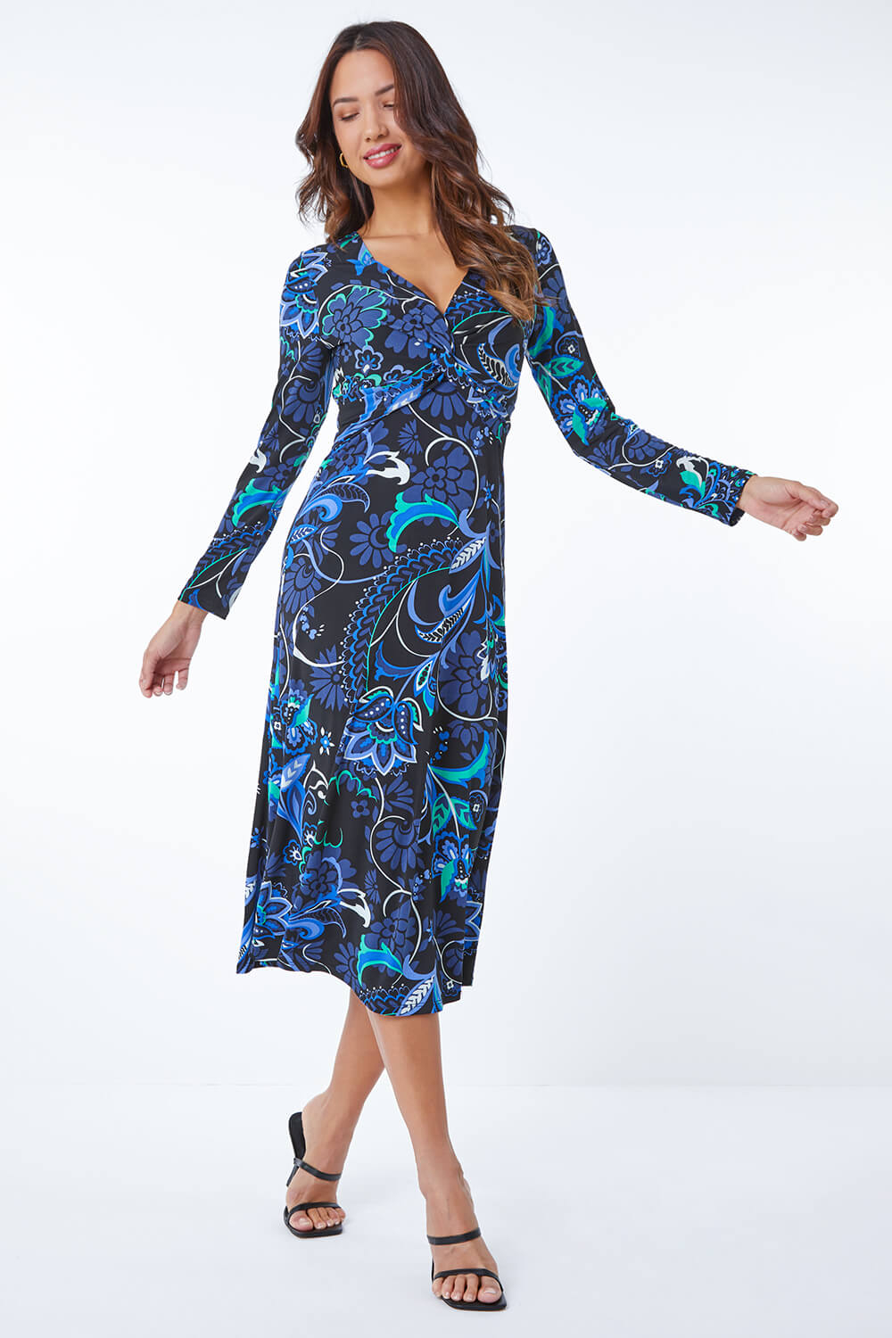 Floral Print Twist Detail Midi Dress in Blue - Roman Originals UK