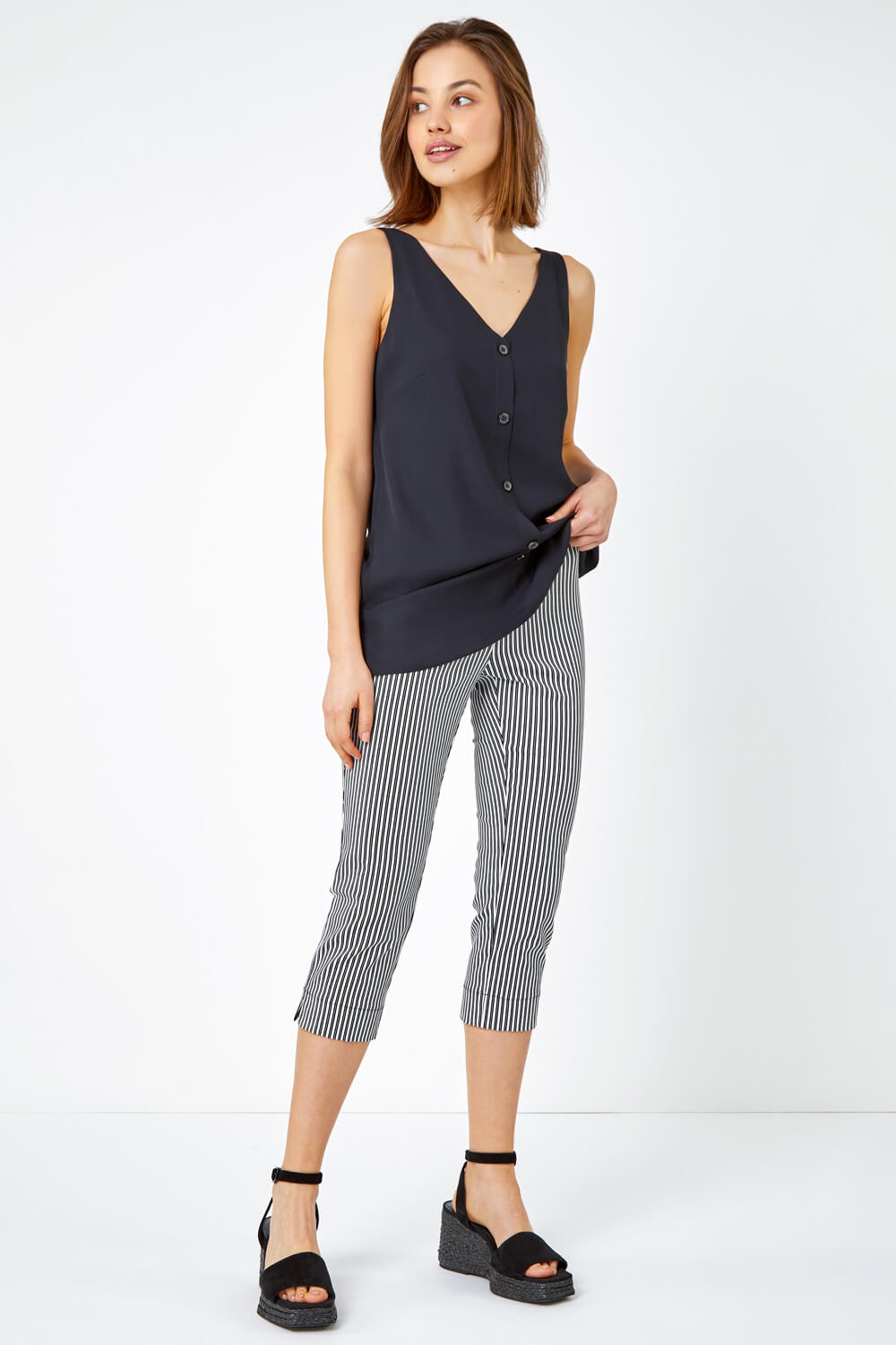 Black Striped Cropped Stretch Trouser, Image 2 of 5