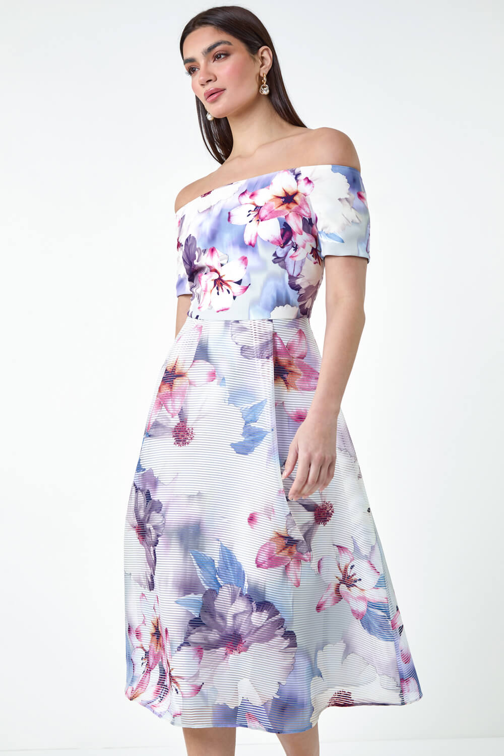 Grey Floral Print Premium Stretch Bardot Dress, Image 3 of 6
