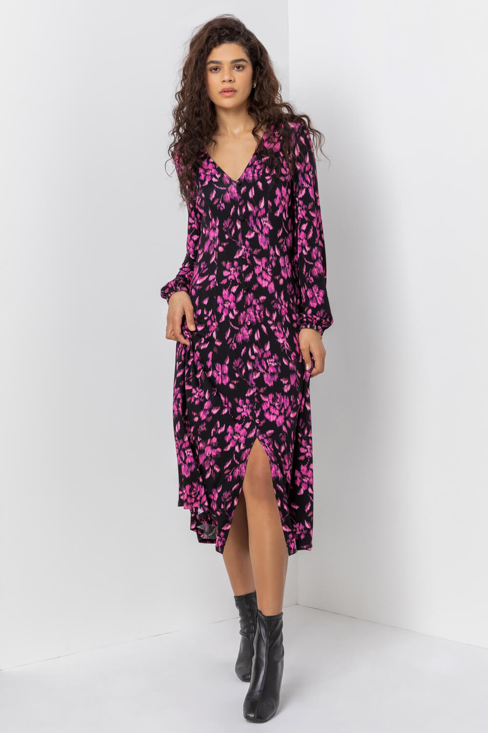 Purple Abstract Floral Fit & Flare Midi Dress, Image 5 of 5