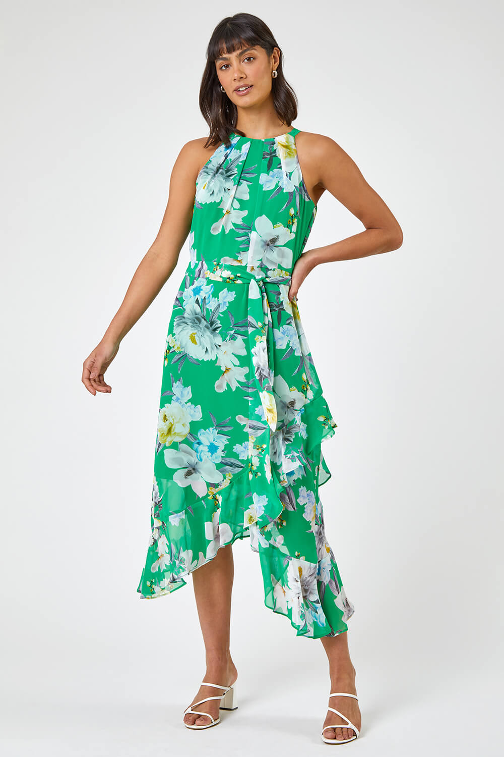 Green Floral Asymmetric Belted Midi Dress, Image 3 of 5