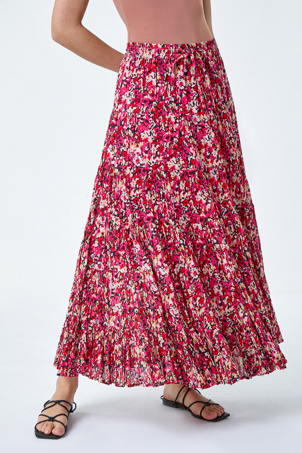 PINK Floral Crinkle Cotton A line Tiered Maxi Skirt, Image 4 of 5
