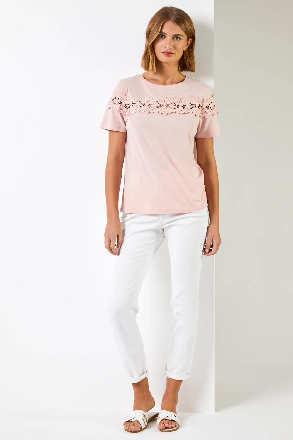 Light Pink Lace Detail Jersey T-Shirt, Image 3 of 4