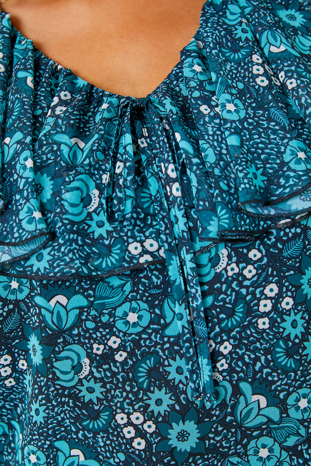 Teal Curve Floral Frill Top, Image 5 of 5