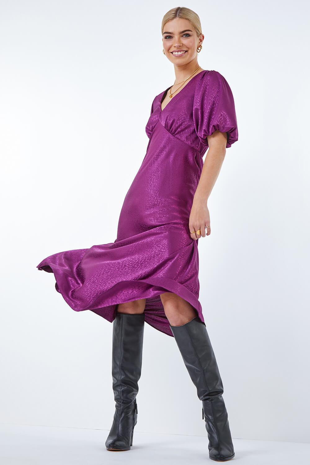  Puff Sleeve Satin Midi Dress, Image 2 of 5