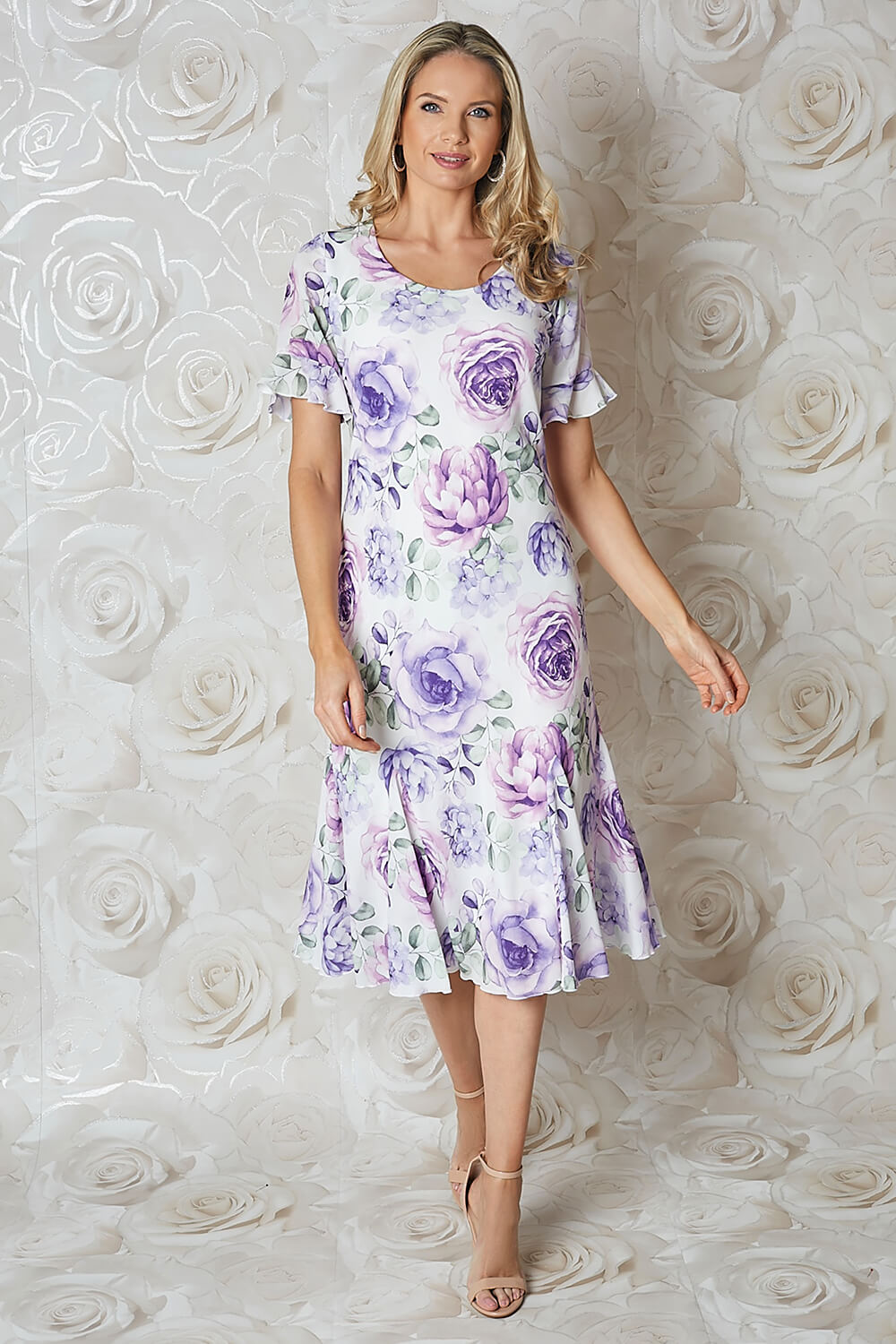 Lilac Floral Print Bias Cut Midi Dress , Image 3 of 3