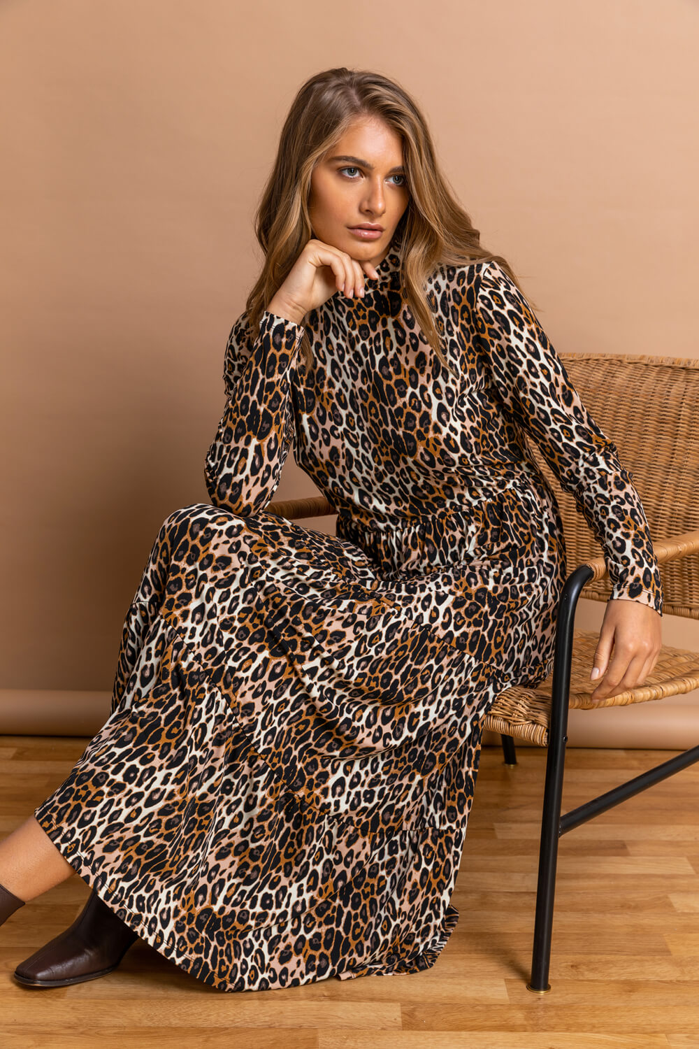 High Neck Leopard Print Midi Dress