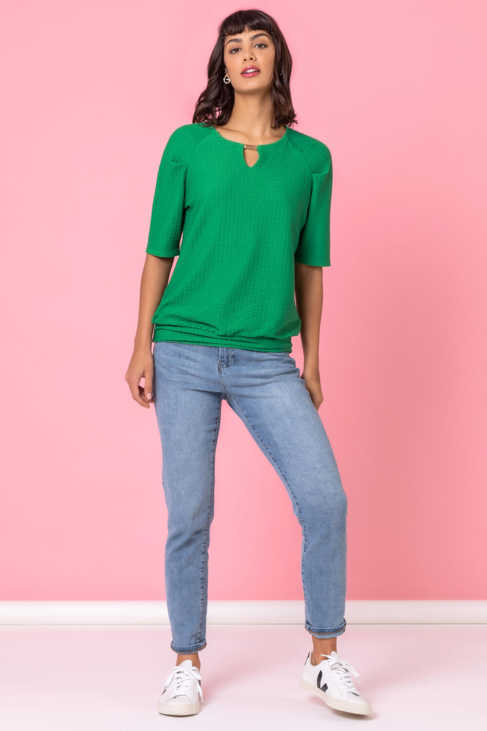 Green Keyhole Neck Textured Top, Image 3 of 4