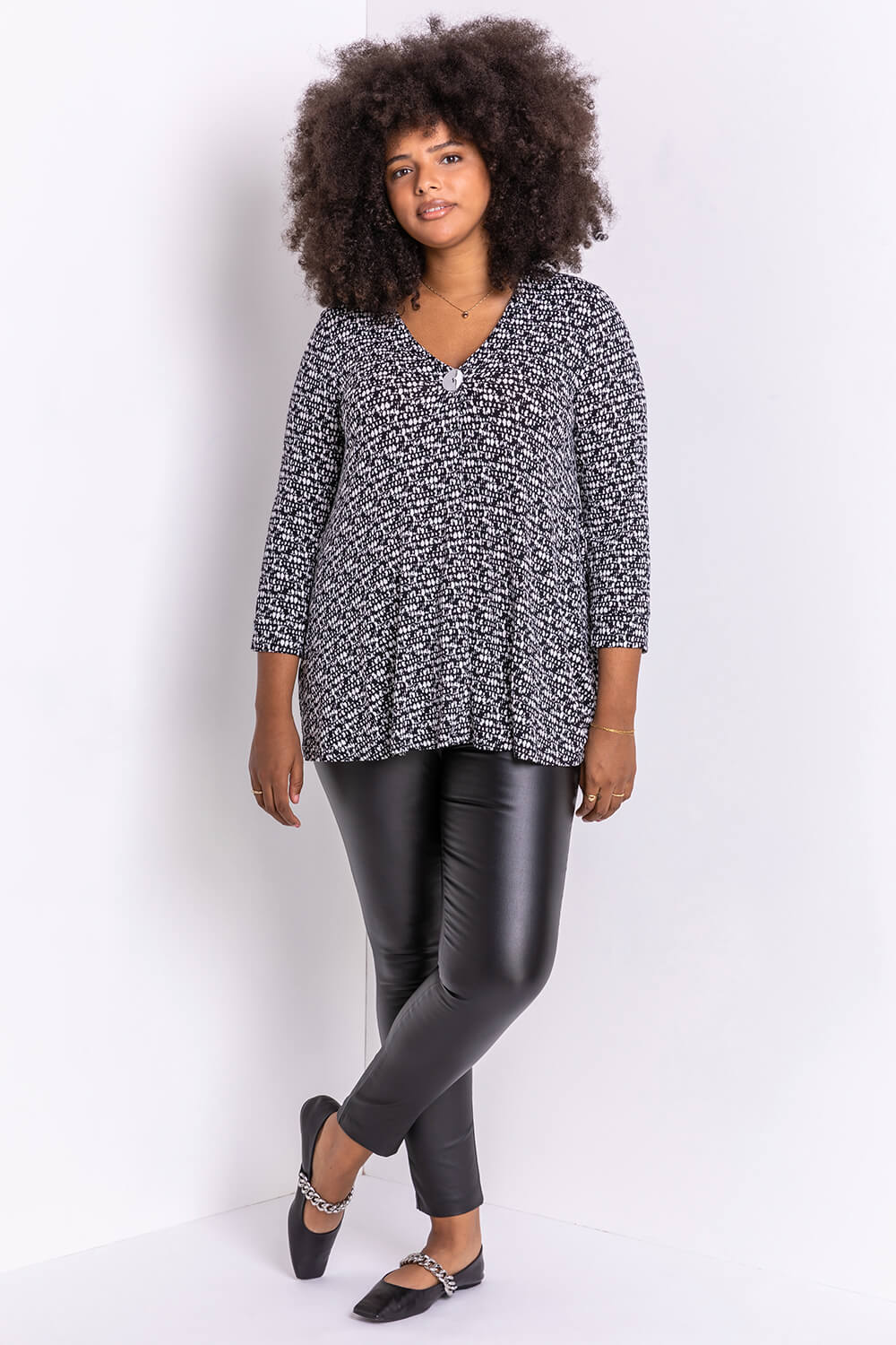 Curve Abstract Print Button Detail Top in Black - Roman Originals UK