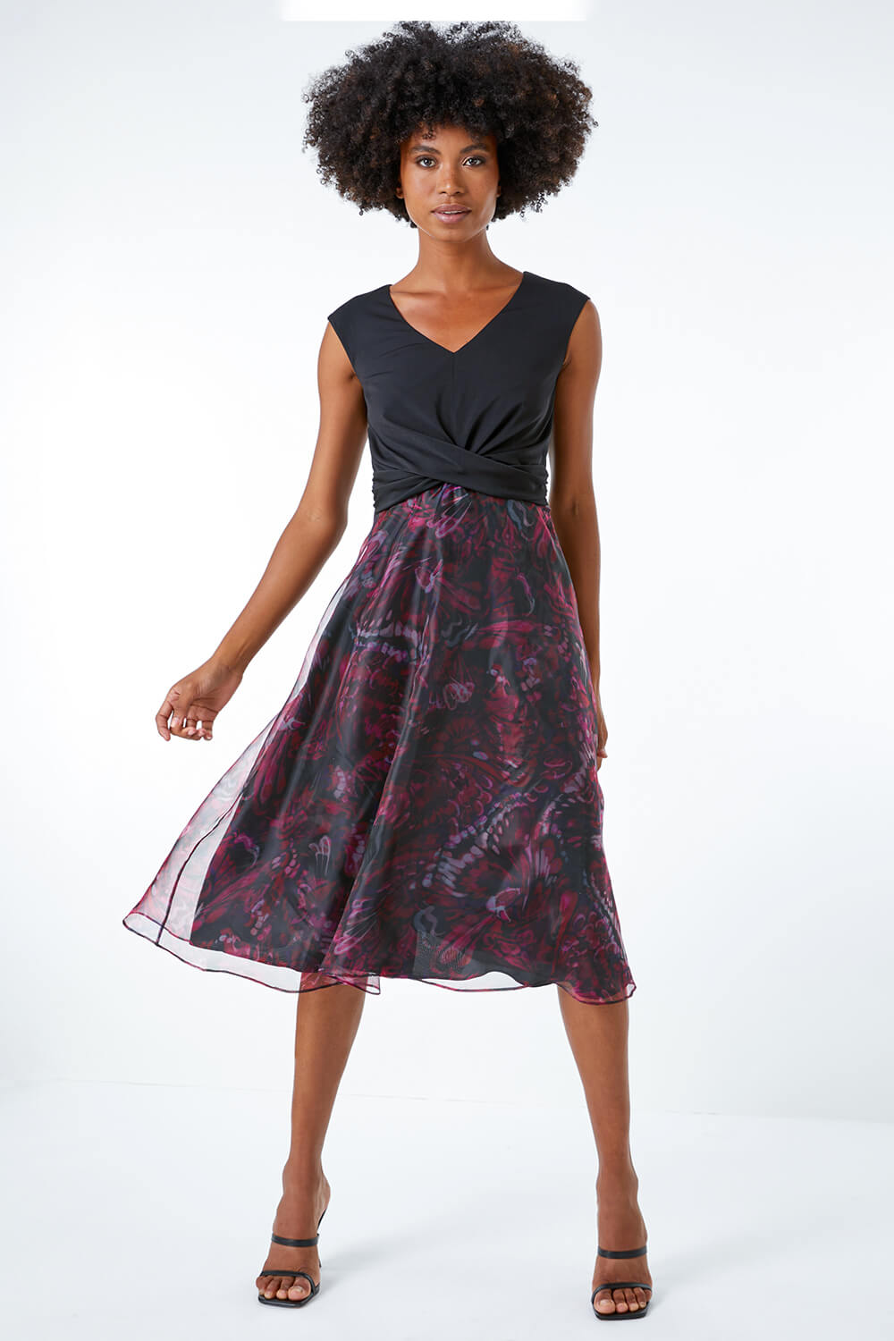 PINK Twist Front Butterfly Print Stretch Dress, Image 2 of 5