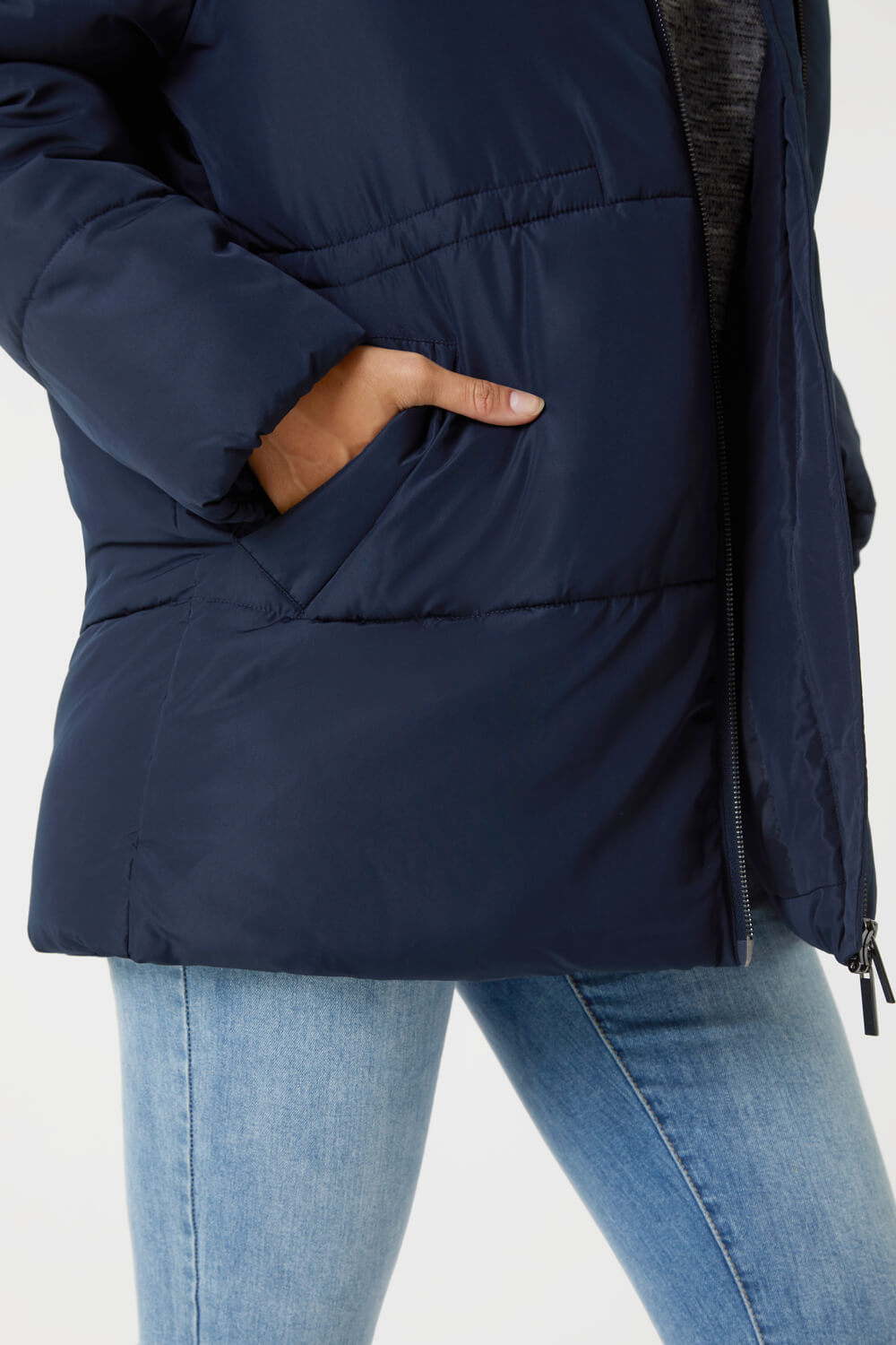 Navy  Padded Hooded Mid Length Coat, Image 6 of 6