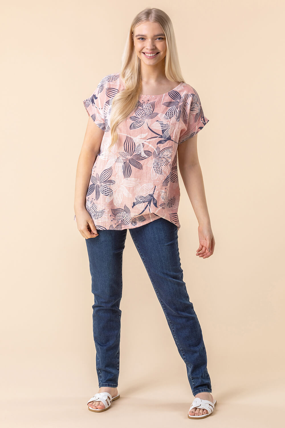 Light Pink Floral Print Cap Sleeve Top, Image 4 of 5