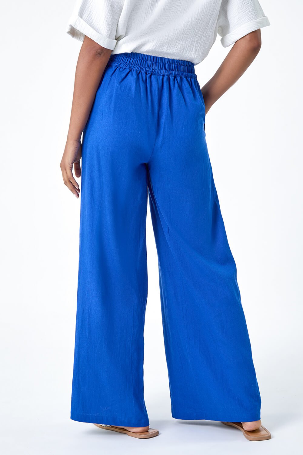 Royal Blue Linen Blend Wide Leg Trousers | Roman UK