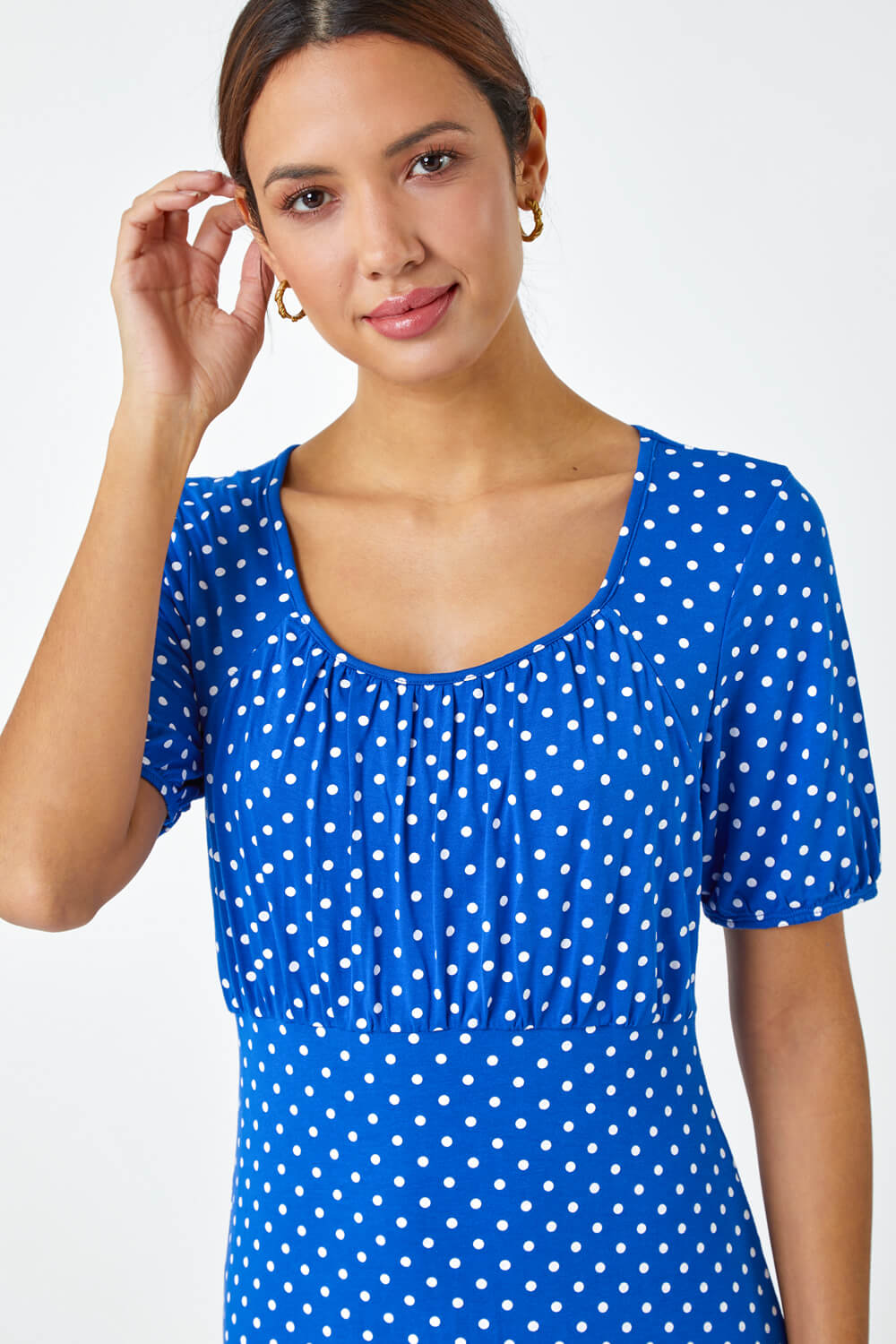 Royal Blue Polka Dot Print Stretch Dress, Image 4 of 5