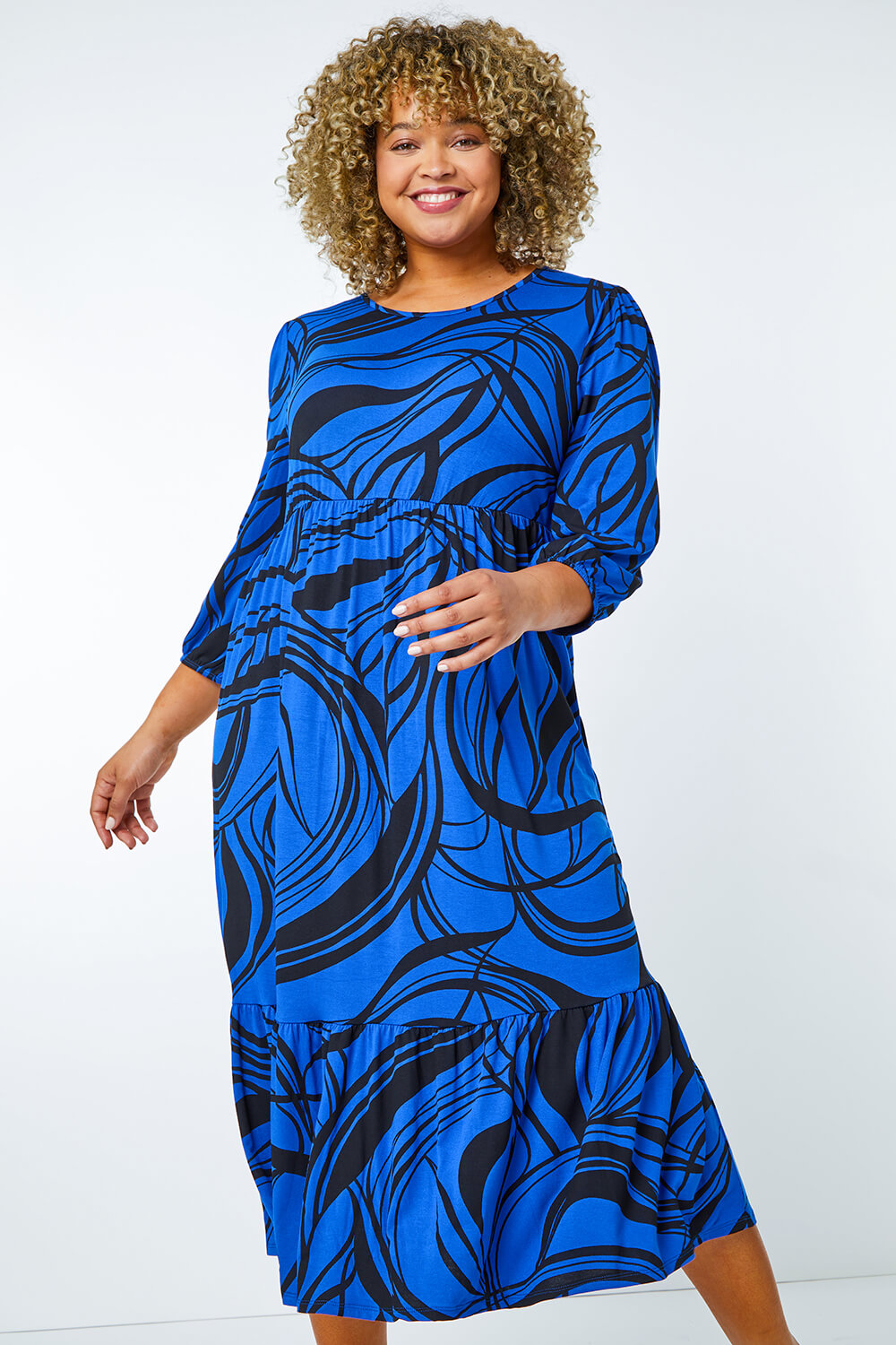 Royal Blue Curve Abstract Print Tiered Stretch Midi Dress, Image 2 of 5